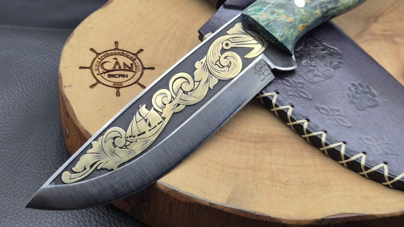 14K Altın Gravür İşleme Reis Model Kamp Bıçağı - 1