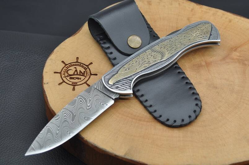 14K Altın işleme Damascus Çelik Kilitli Çakı - 1