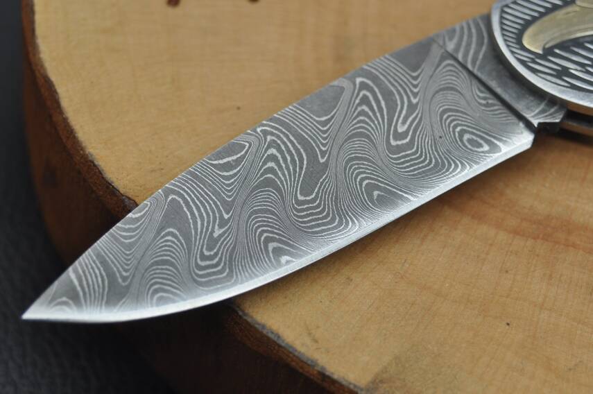 14K Altın işleme Damascus Çelik Kilitli Çakı - 2