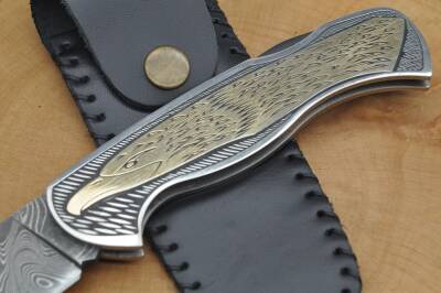 14K Altın işleme Damascus Çelik Kilitli Çakı - 3