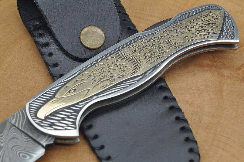 14K Altın işleme Damascus Çelik Kilitli Çakı - 3