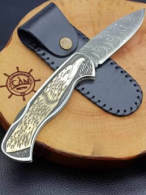 14K Altın işleme Damascus Çelik Kilitli Çakı - 5