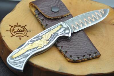 14K Altın İşleme Kabza Damascus Bakır Sanmai Çelik Çakı