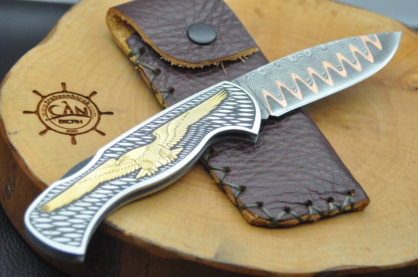 14K Altın İşleme Kabza Damascus Bakır Sanmai Çelik Çakı - 1