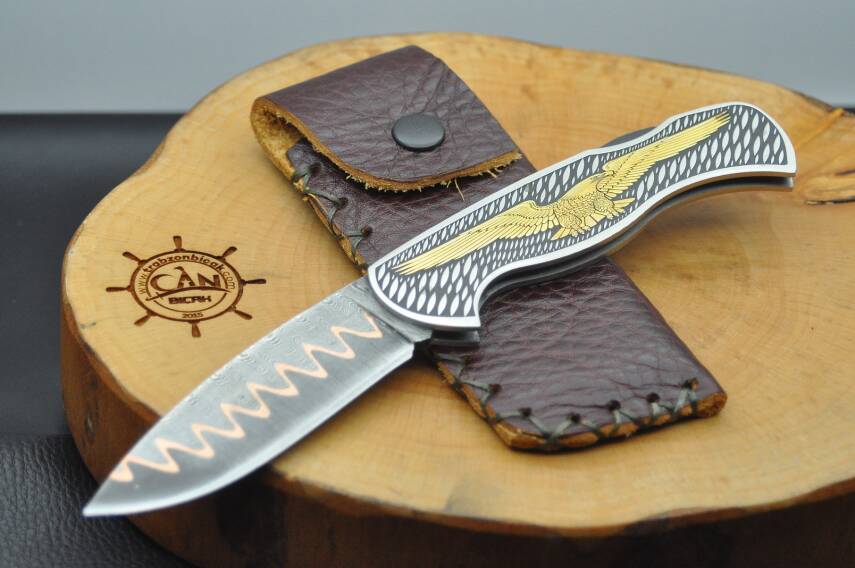 14K Altın İşleme Kabza Damascus Bakır Sanmai Çelik Çakı - 2