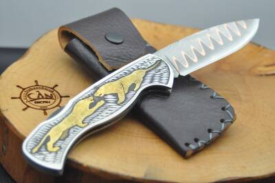 14K Altın İşleme Kabza Damascus Bakır Sanmai Çelik Çakı - 3