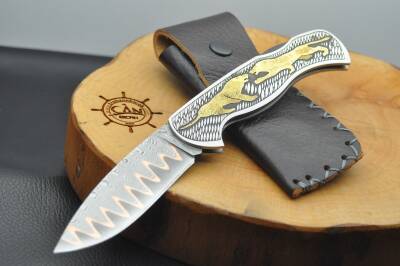 14K Altın İşleme Kabza Damascus Bakır Sanmai Çelik Çakı - 4