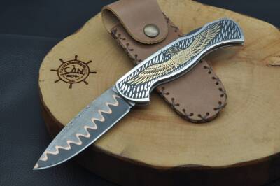 14K Altın İşleme Kabza Damascus Bakır Sanmai Çelik Çakı - 5