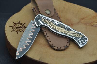 14K Altın İşleme Kabza Damascus Bakır Sanmai Çelik Çakı - 6