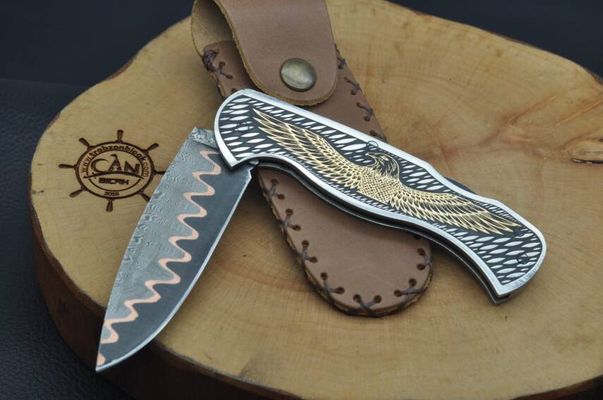 14K Altın İşleme Kabza Damascus Bakır Sanmai Çelik Çakı - 6