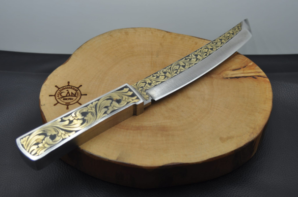 14K Altın Gravür İşleme Namlu ve Kabza Tanto - 4