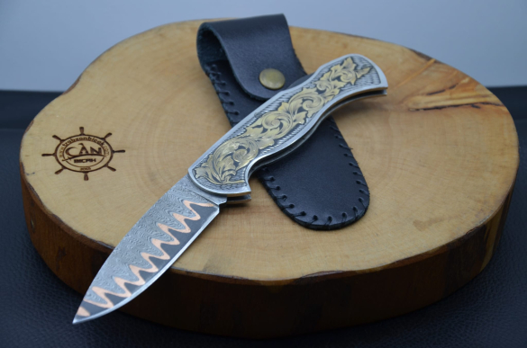 14K Altın İşleme Kabza Damascus Bakır Sanmai Çelik Çakı - 7