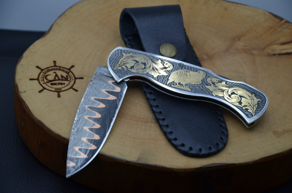 14K Altın İşleme Kabza Damascus Bakır Sanmai Çelik Çakı - 8