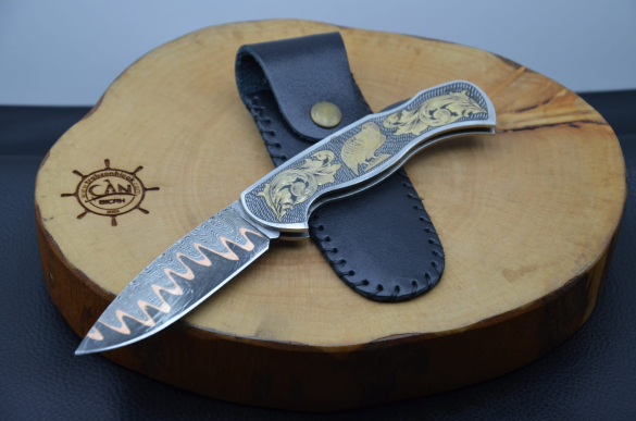 14K Altın İşleme Kabza Damascus Bakır Sanmai Çelik Çakı - 9