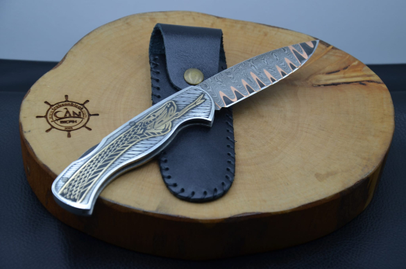 14K Altın İşleme Kabza Damascus Bakır Sanmai Çelik Çakı - 11