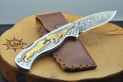 24K Altın İşleme Kabza Damascus Çelik Çakı