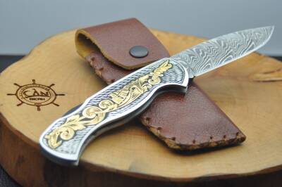 24K Altın İşleme Kabza Damascus Çelik Çakı - 2