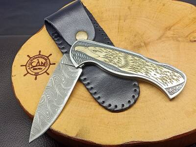 24K Altın İşleme Kabza Damascus Çelik Çakı - 4