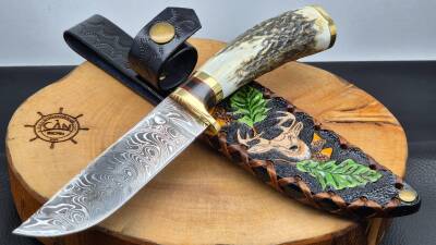 Geyik Boynuzu Kabza Damascus Çelik Av Bıçağı