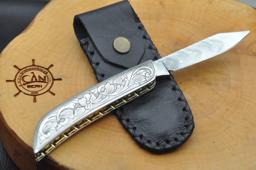 Gravür İşleme Krom Kabza Damascus Çakı - 1