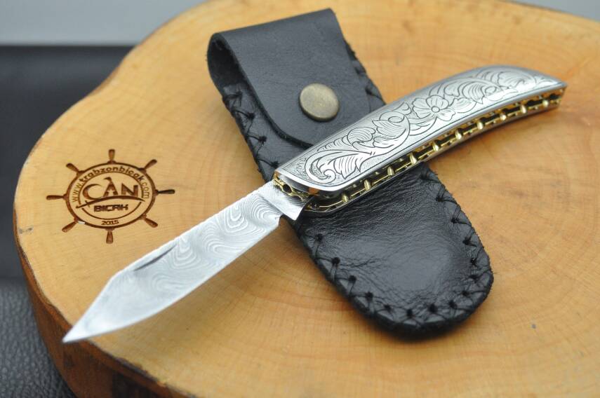 Gravür İşleme Krom Kabza Damascus Çakı - 2