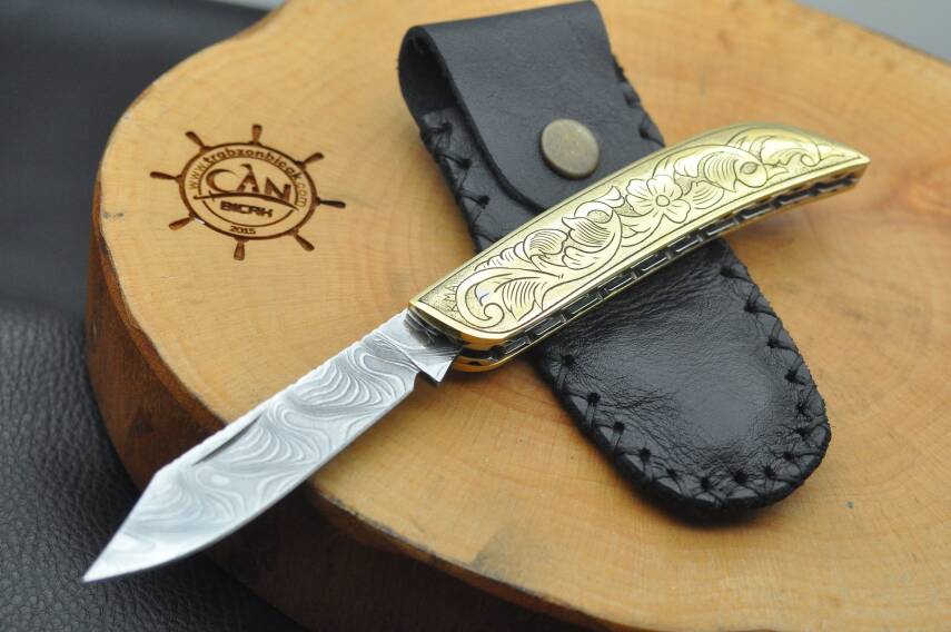 Gravür İşleme Pirinç Kabza Damascus Çakı - 1