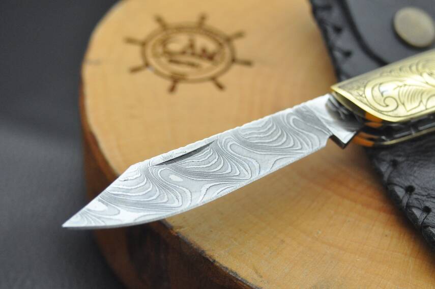 Gravür İşleme Pirinç Kabza Damascus Çakı - 2