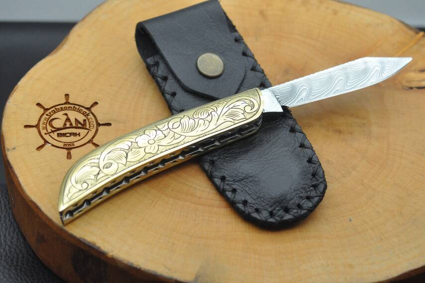 Gravür İşleme Pirinç Kabza Damascus Çakı - 4